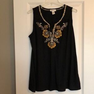 Style & Co. Black Sleeveless Top with Yellow Embroidery